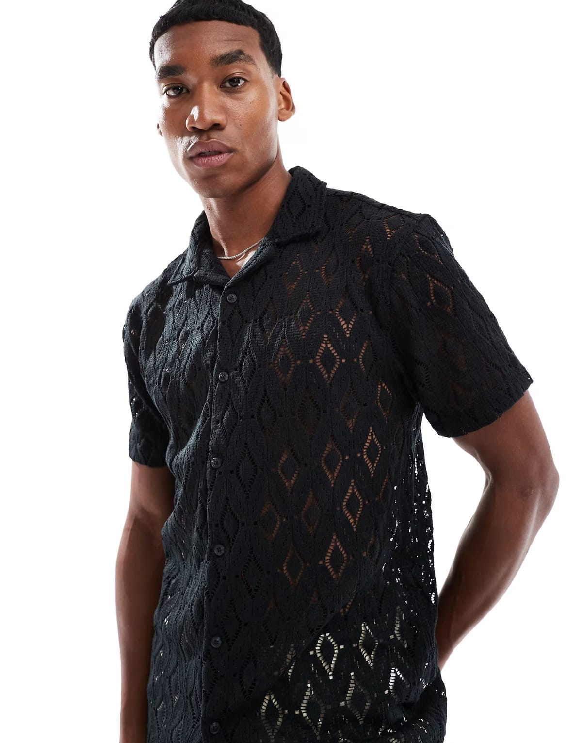 ASOS Brave Soul Geometric crochet short sleeve shirt in black - 1