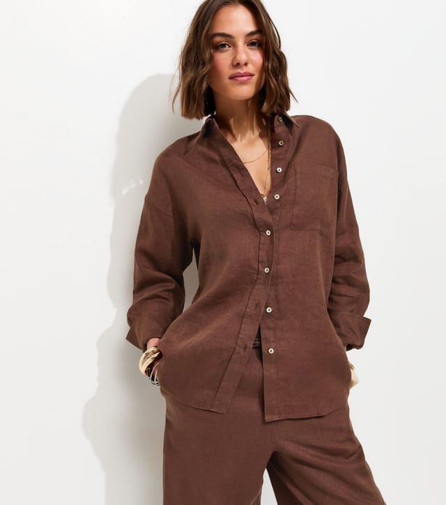 New Look Women's Brown Pure Linen Oversized Long Sleeve Shirt New Look - 2
