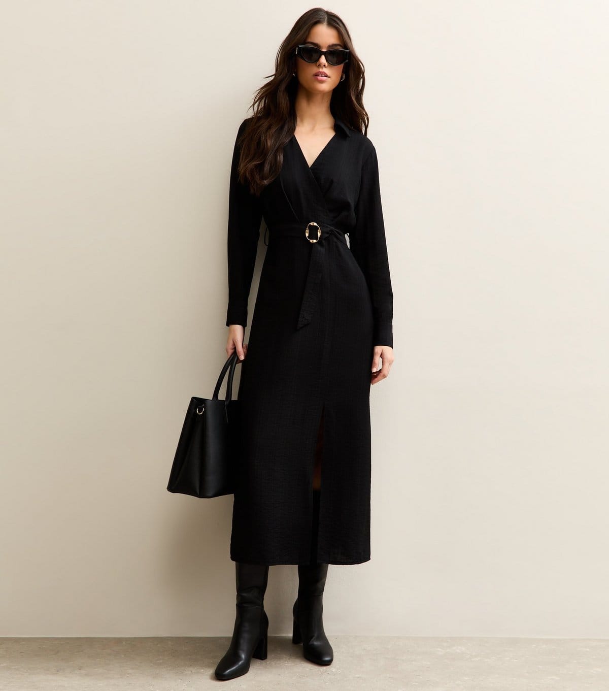 Women's Black Belted Wrap Midi Dress New Look