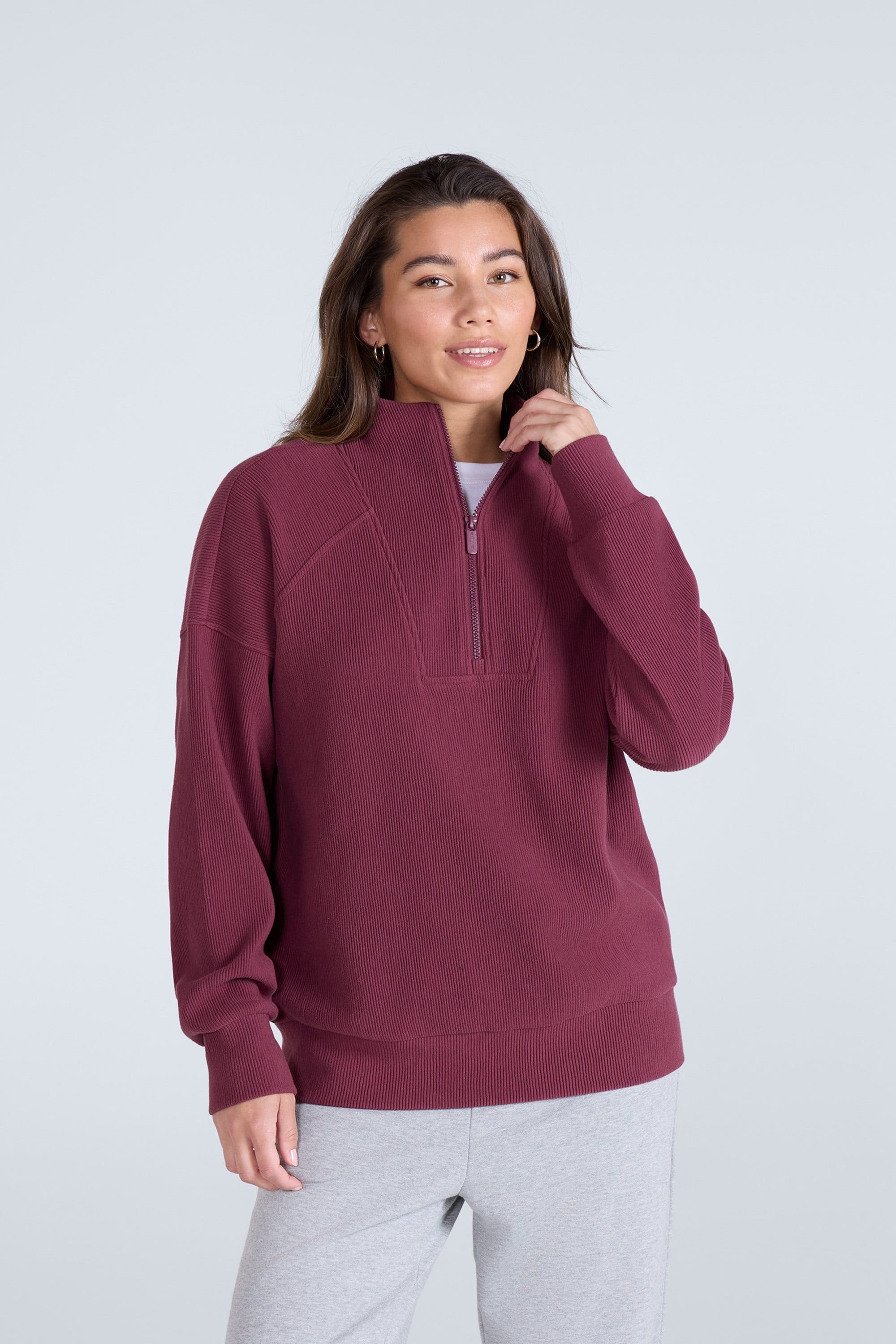 Animal Animal Women's 'Ottoman' Warm Comfortable Soft Casual Half Zip Ribbed Sweatshirt in Burgundy - 2