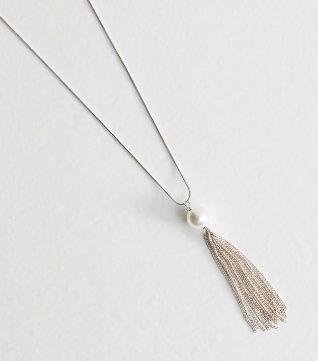 New Look Silver Tone Faux Pearl Tassel Charm Long Necklace New Look - 3