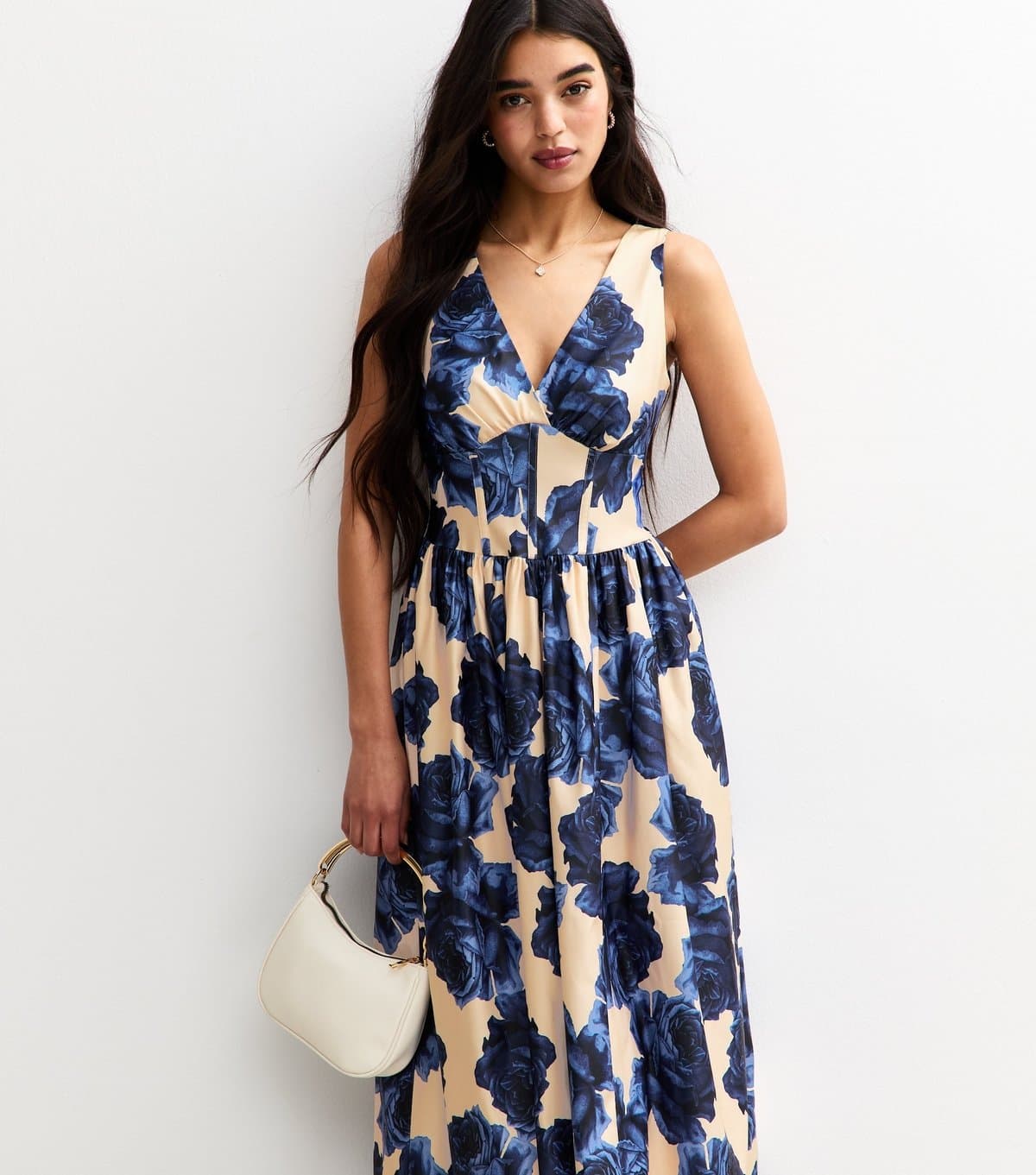 New Look Women's Blue Rose Print V-Neck Midi Dress New Look