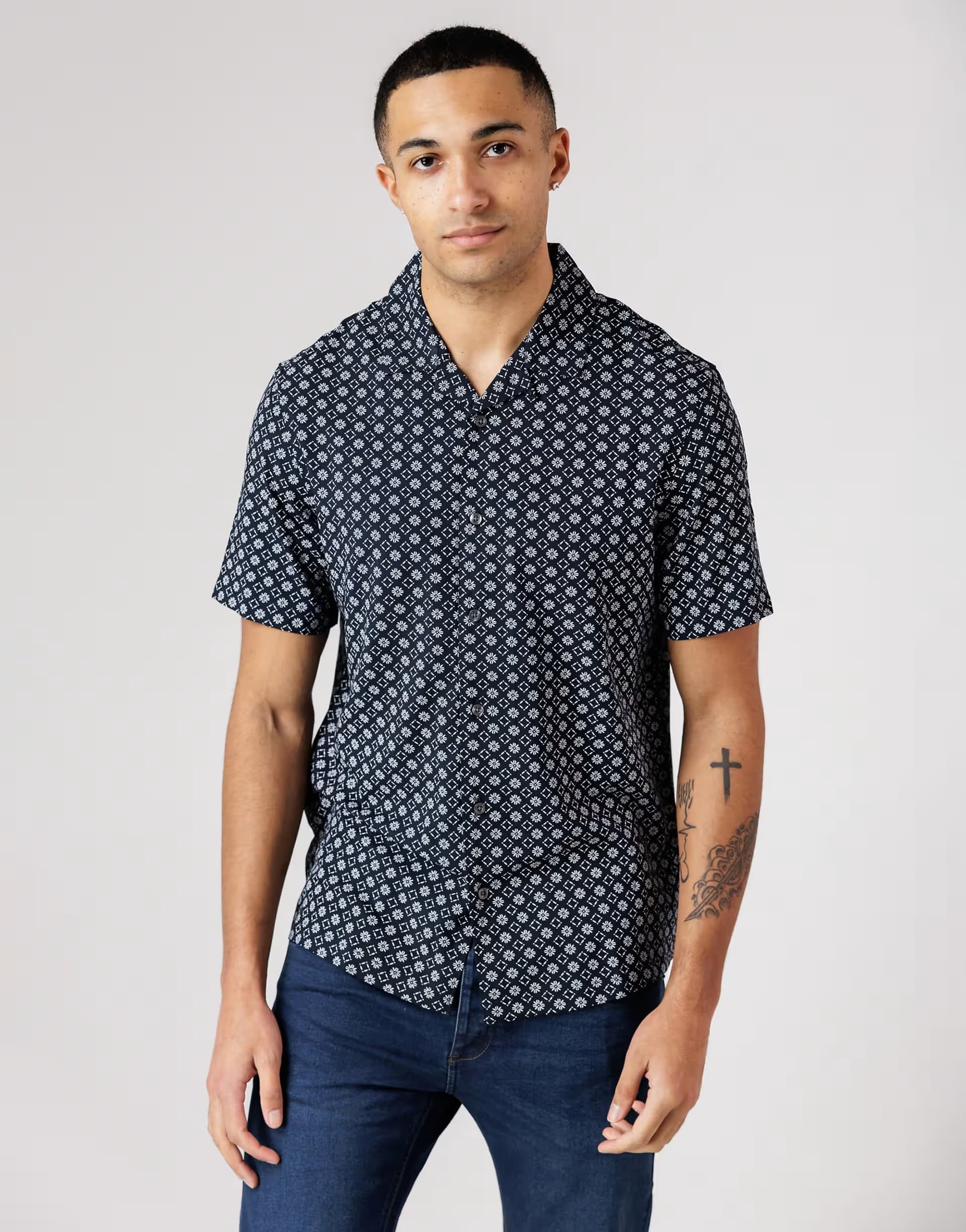 ASOS French Connection Square floral print short sleeve shirt in navy