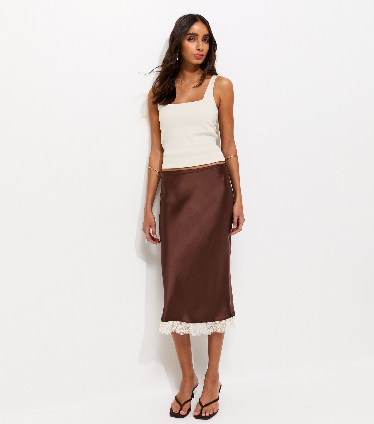 New Look Women's Brown Lace Trim Satin Midi Skirt New Look - 3