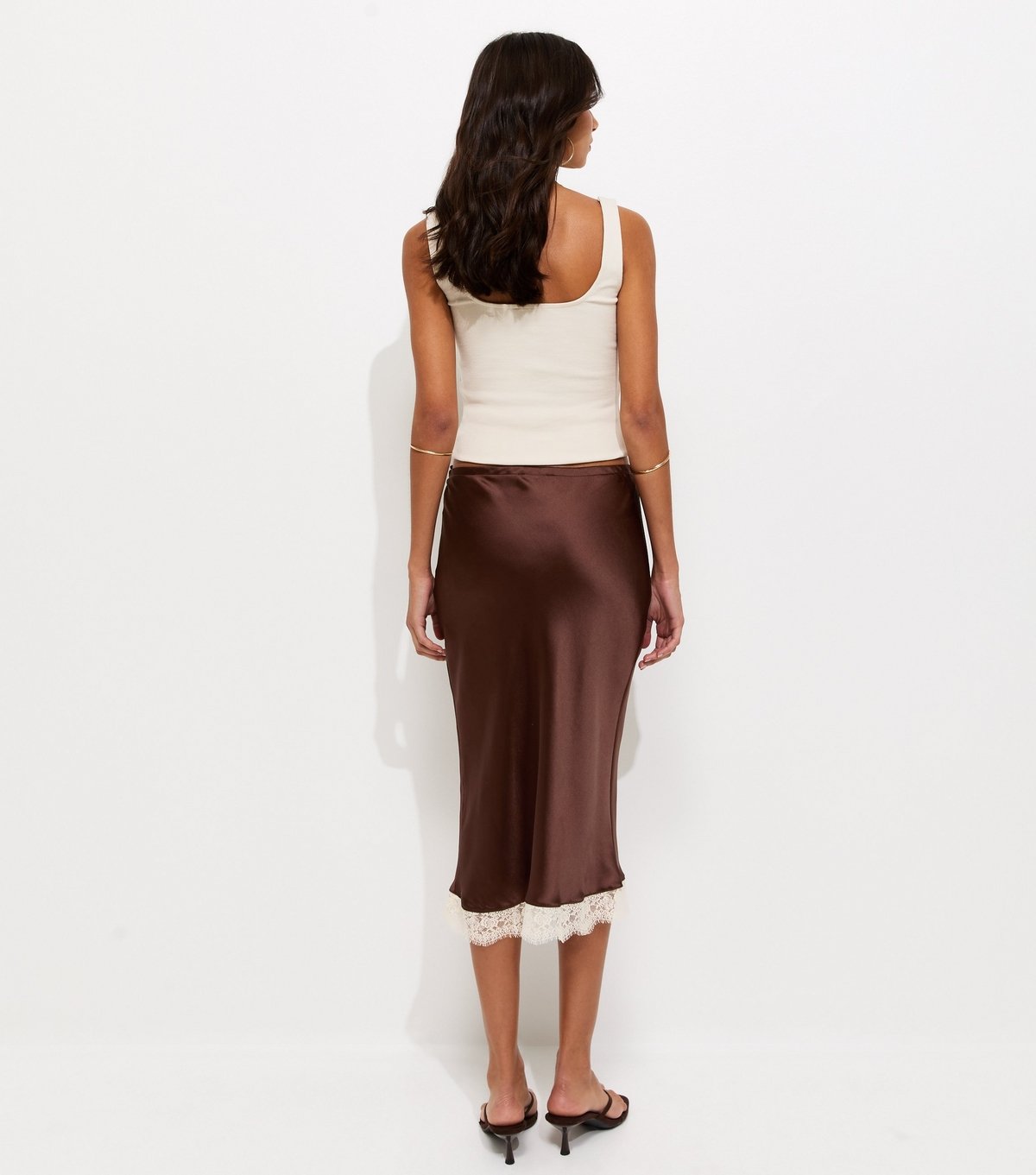 New Look Women's Brown Lace Trim Satin Midi Skirt New Look - 4