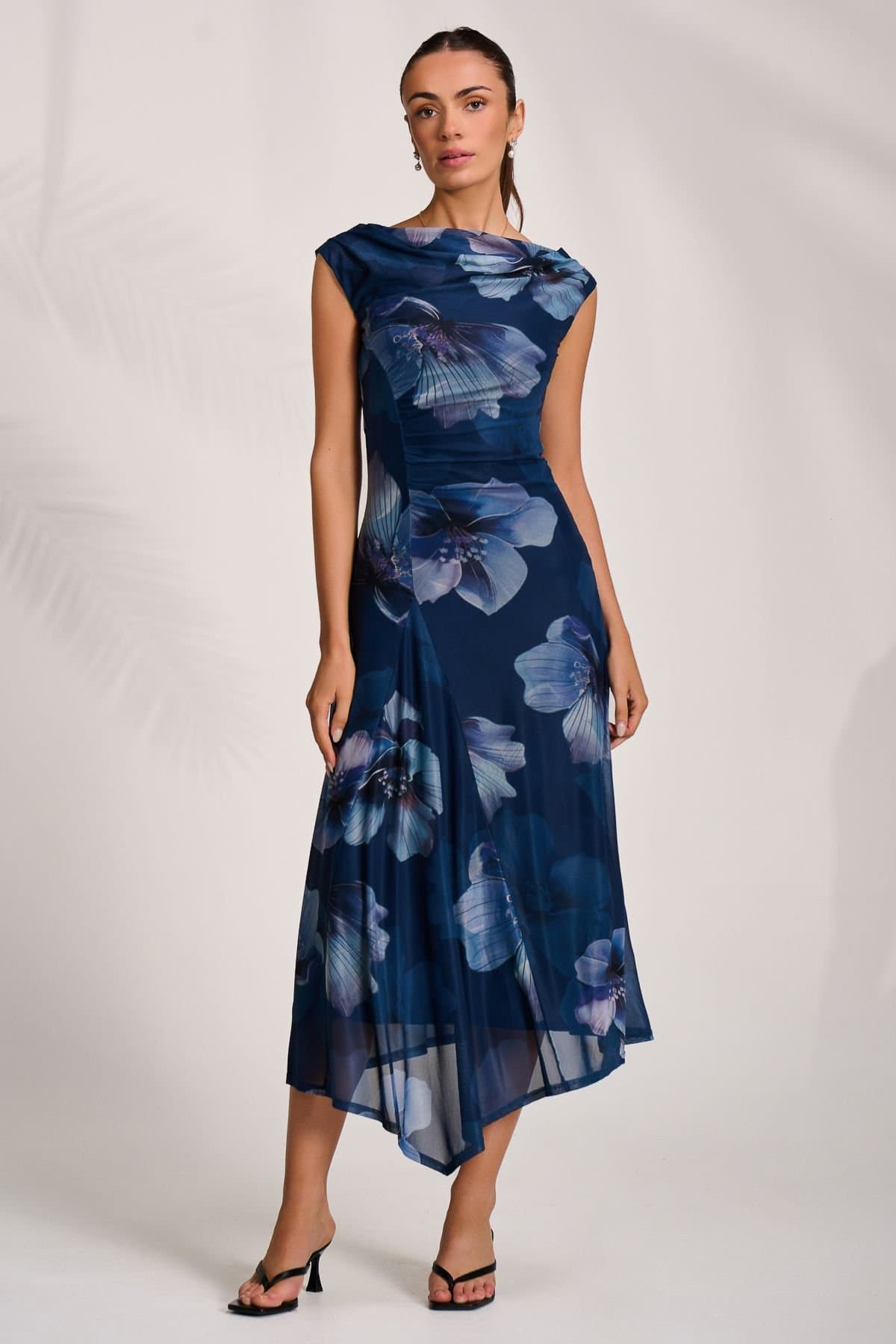 Jolie Moi Jolie Moi Women's Asymmetric Draped Mesh Midaxi Dress in Dark Navy