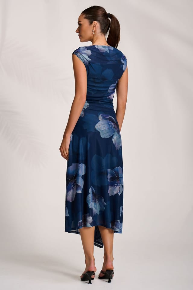 Jolie Moi Jolie Moi Women's Asymmetric Draped Mesh Midaxi Dress in Dark Navy - 2