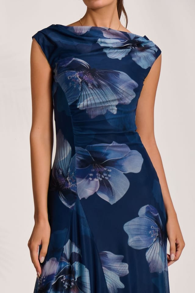Jolie Moi Jolie Moi Women's Asymmetric Draped Mesh Midaxi Dress in Dark Navy - 3