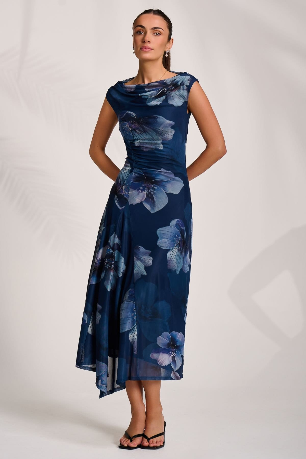 Jolie Moi Jolie Moi Women's Asymmetric Draped Mesh Midaxi Dress in Dark Navy - 4