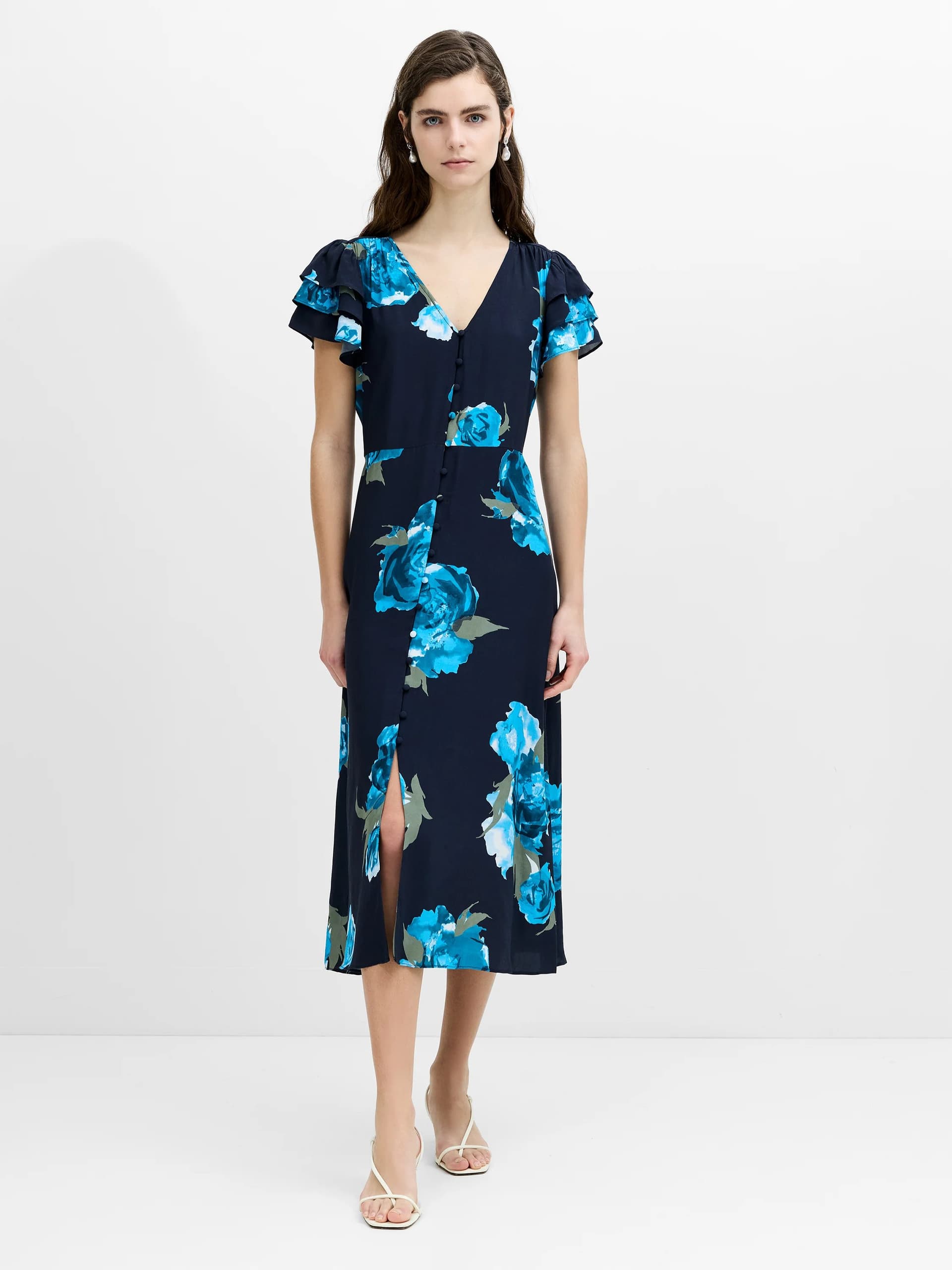 French Connection Lara Eco Blue Floral Button-Through Midi Tea Dress Navy Blue Multi