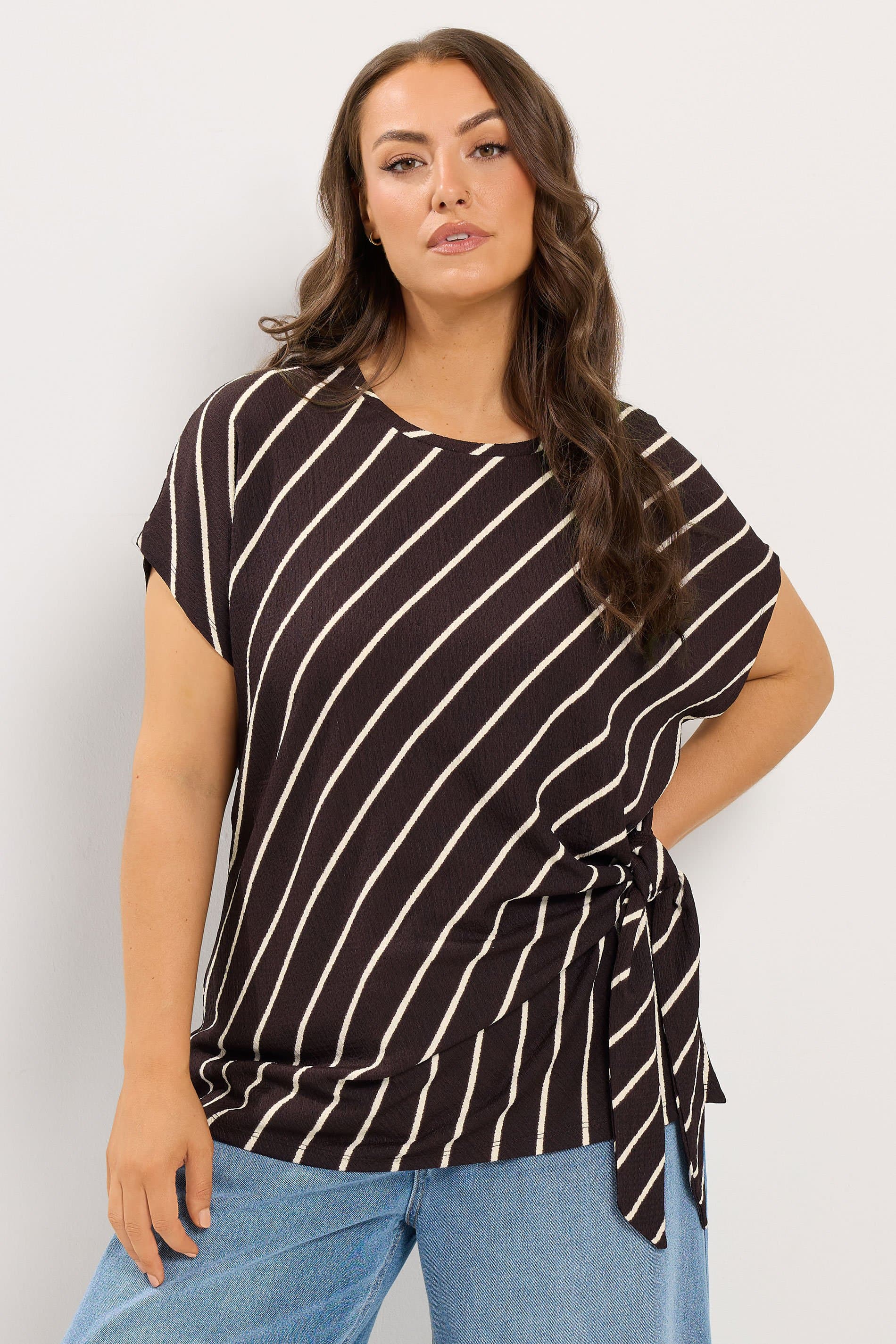 Yours Plus Size Chocolate Brown Stripe Side Knot Textured Tshirt
