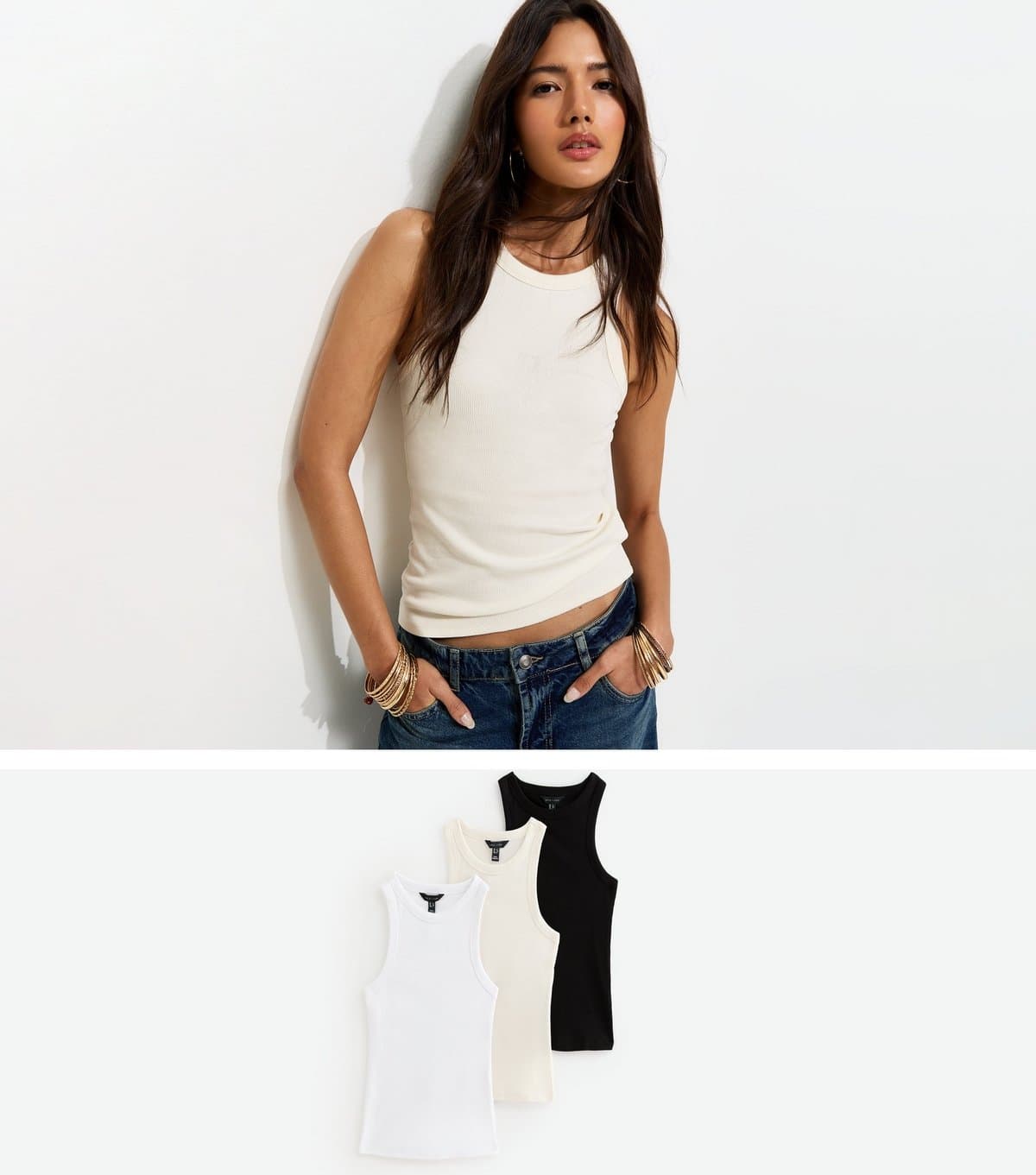 New Look Women's Cream Pack of 3 Racer Back Ribbed Jersey Vest Tops New Look