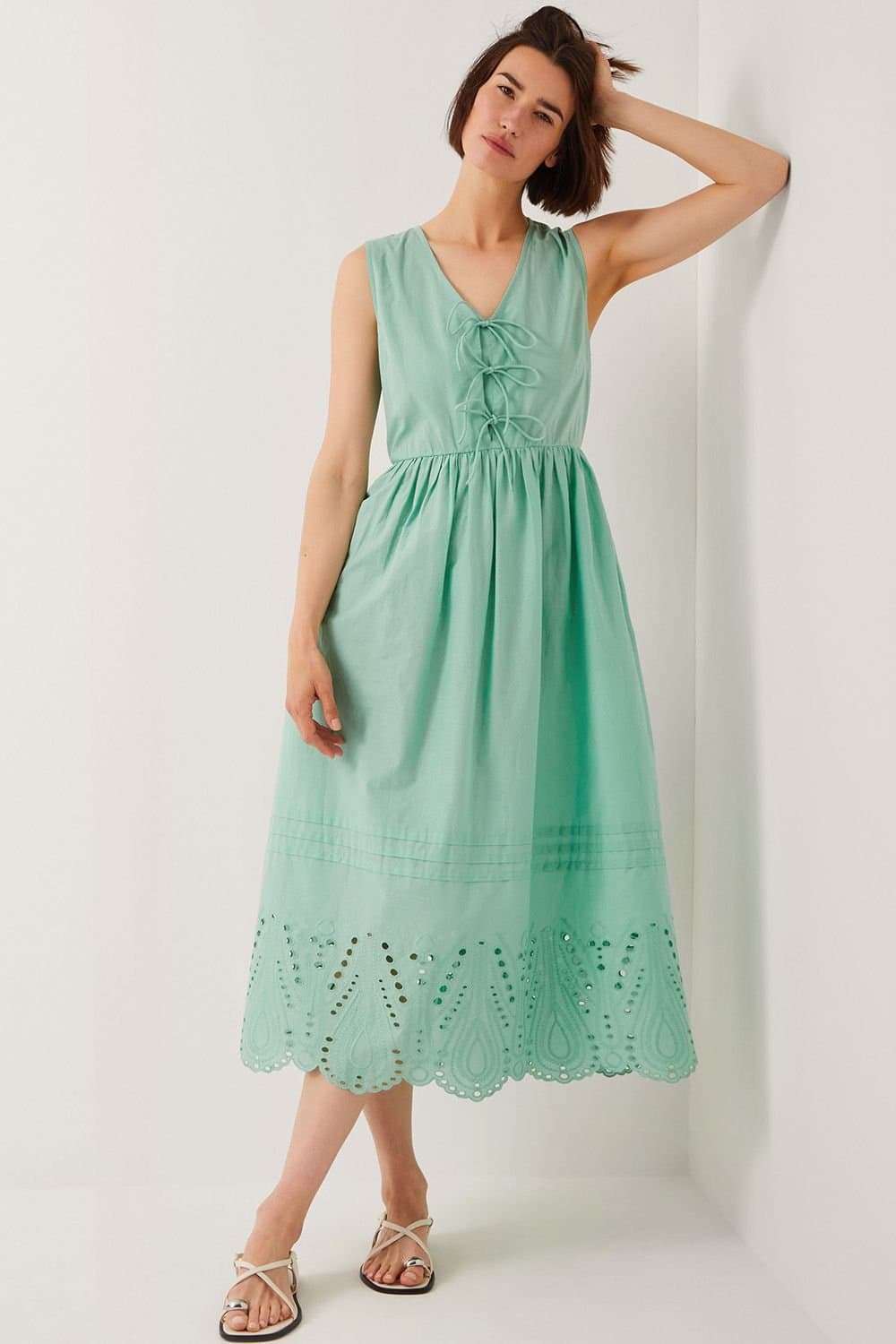 Monsoon Monsoon Women's Sadie Tie Broderie Midi Dress in Green