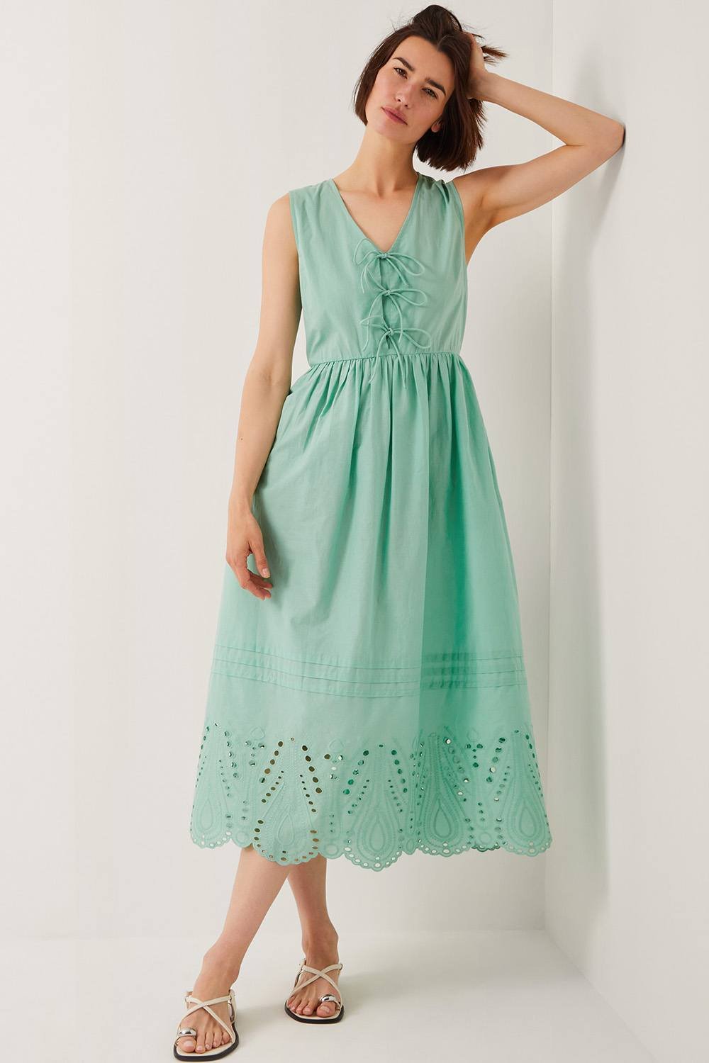 Monsoon Monsoon Women's Sadie Tie Broderie Midi Dress in Green - 2