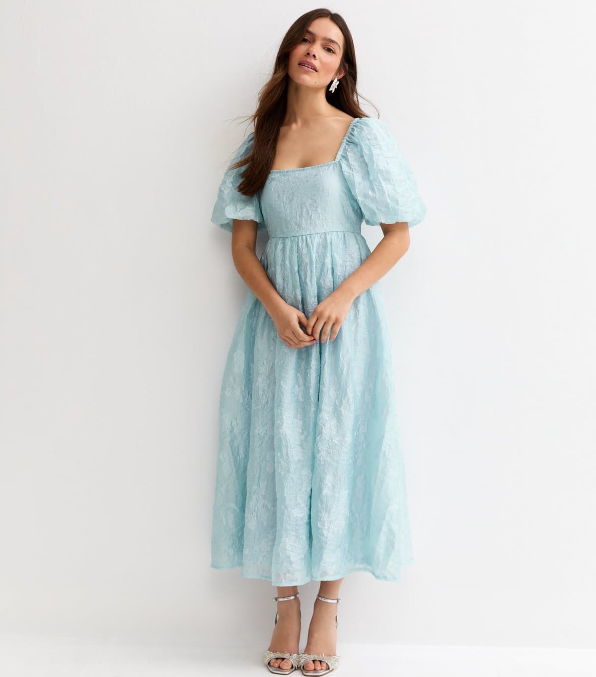 New Look Women's Petite Light Blue Glitter Milkmaid Midi Dress New Look