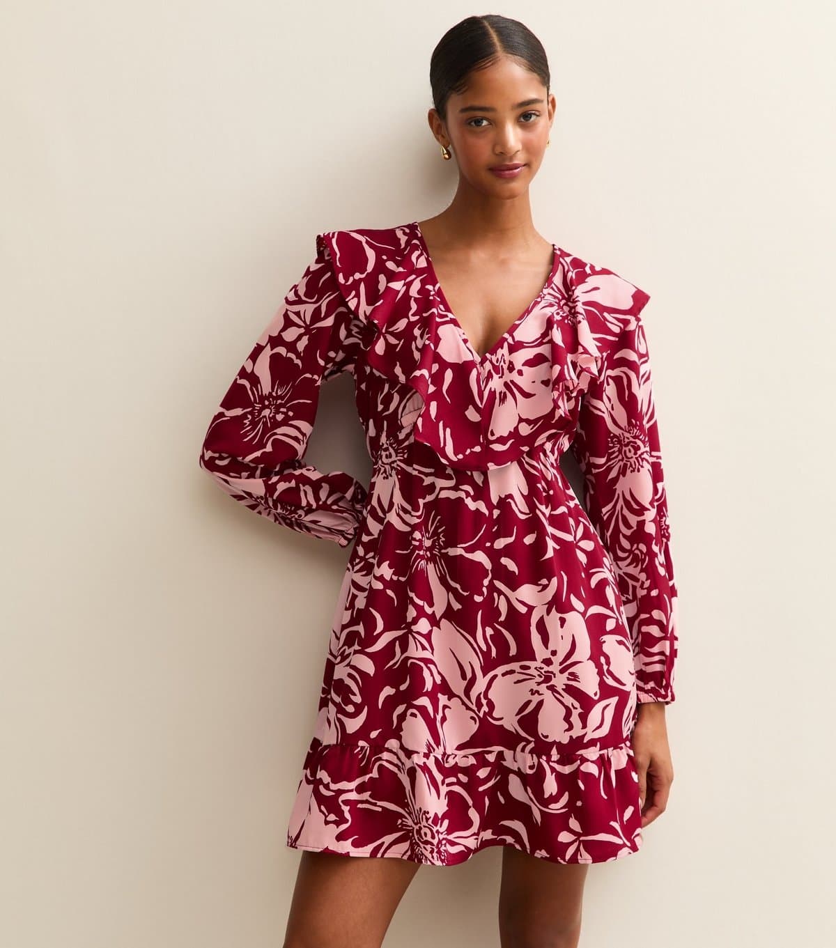 New Look Women's Red Crepe Floral Print V-Neck Frill Trim Mini Dress New Look