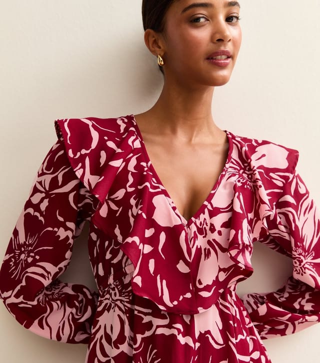 New Look Women's Red Crepe Floral Print V-Neck Frill Trim Mini Dress New Look - 2