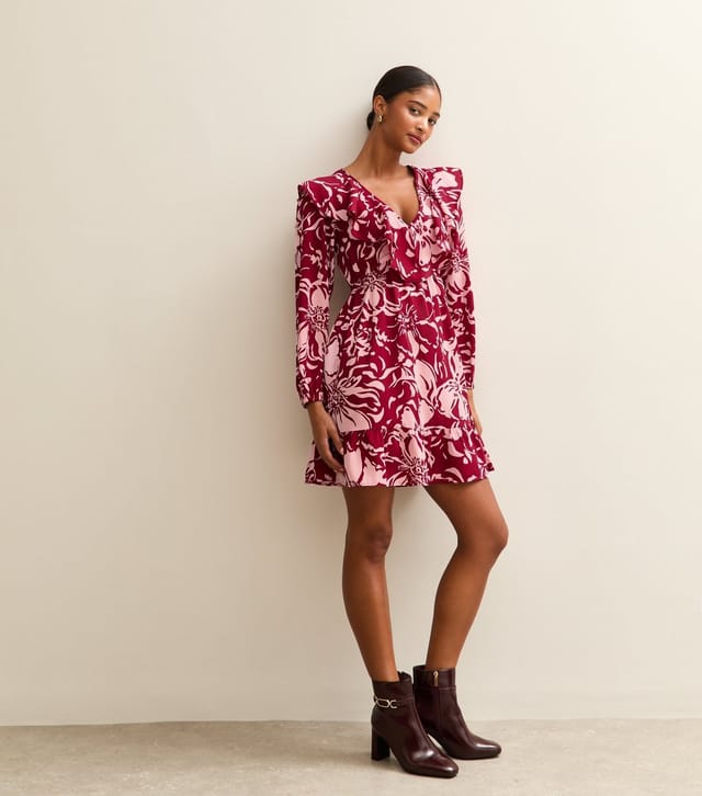 New Look Women's Red Crepe Floral Print V-Neck Frill Trim Mini Dress New Look - 3