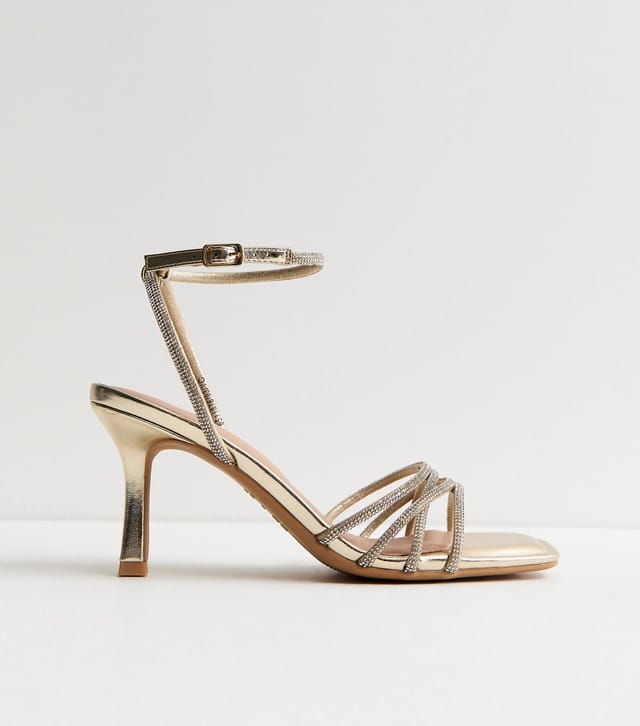 New Look Women's Gold Faux Leather Diamante Strap Stiletto Sandals Vegan New Look - 2