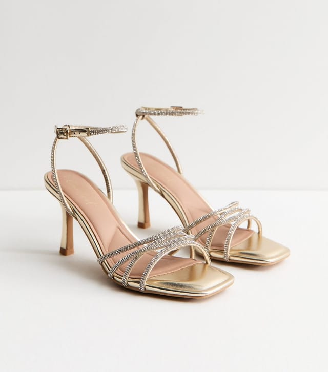 New Look Women's Gold Faux Leather Diamante Strap Stiletto Sandals Vegan New Look - 3