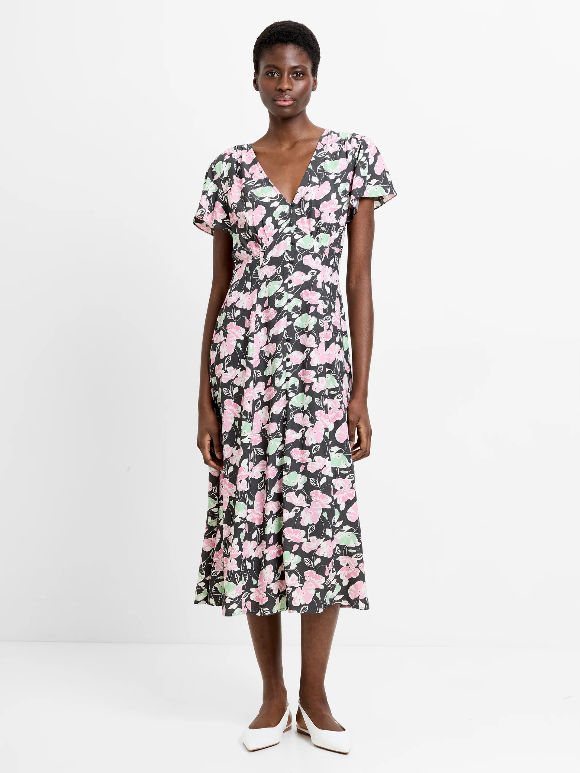 French Connection Ellie Eco Short Sleeve V-Neck Dress Graphite Grey Multi