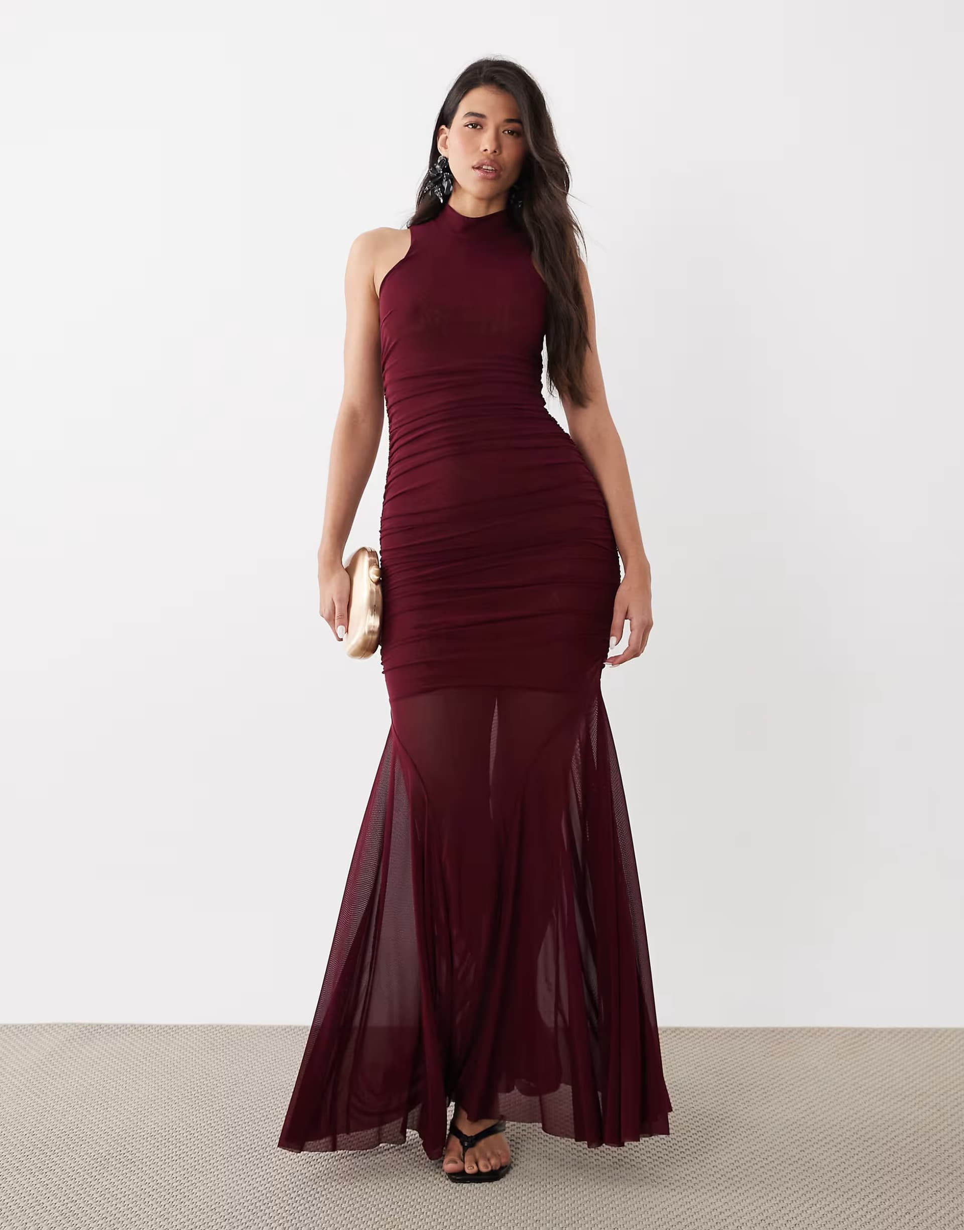 ASOS Ruched & Ready sculpting mesh high neck sleeveless fishtail sheer hem maxi dress in burgundy