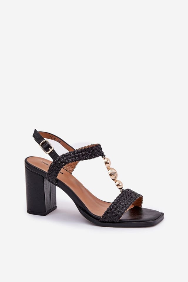 Love Lace Love Lace Women's Braid Strap Heel Sandals with Gold Front Ornament Column in Black - 2