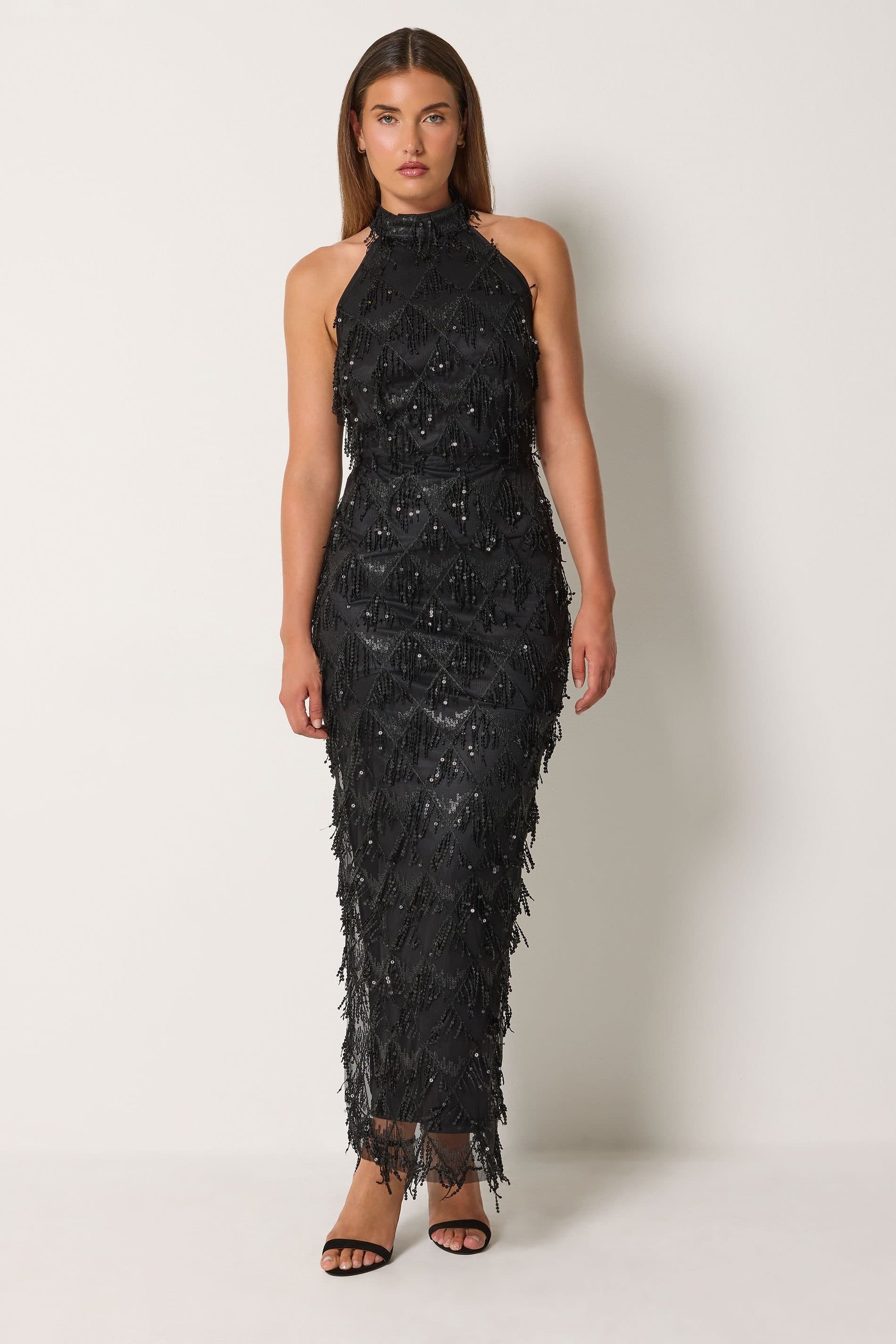 Long Tall Sally Long Tall Sally Women's Tall Sequin Tassel Halterneck Maxi Dress in Black