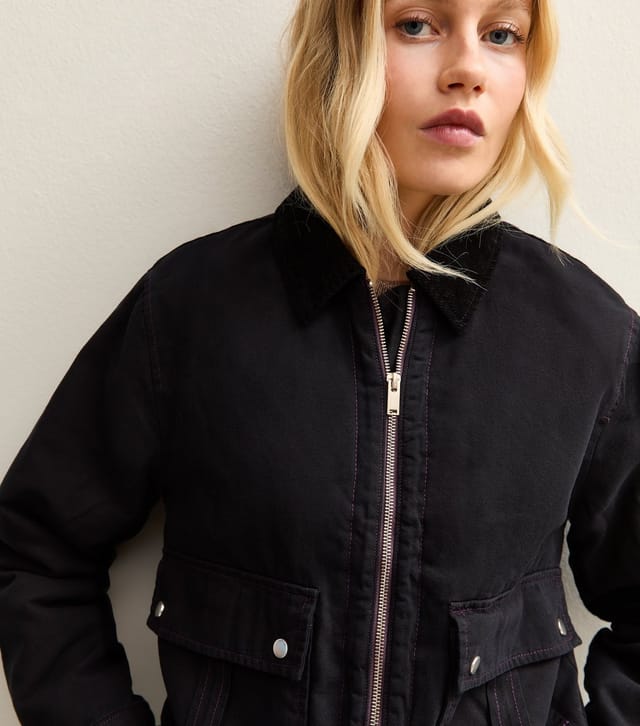 New Look Women's Black Contrast Collar Cropped Barn Jacket New Look - 2