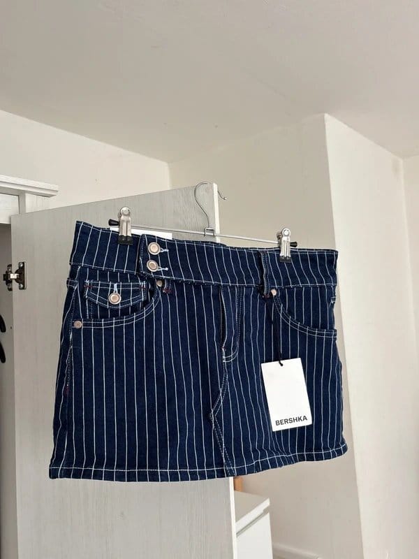 Bershka Viral Pinstripe Bershka dark blue and white denim mini skort skirt - 1