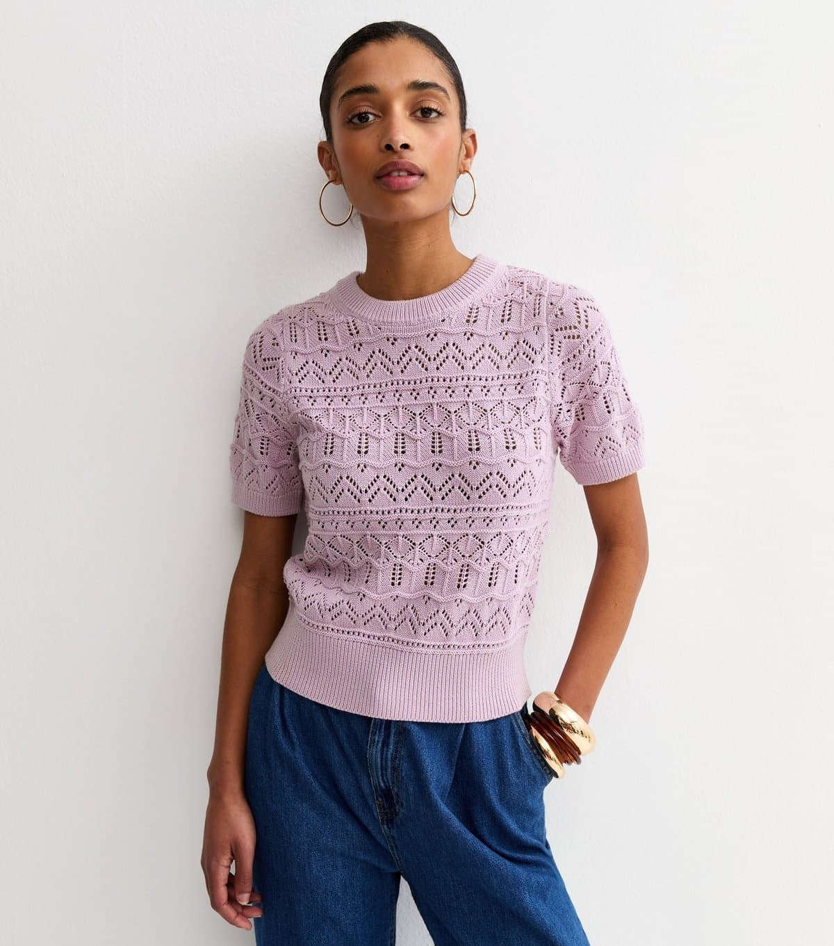 New Look Women's Lilac Cotton Rich Patterned Knit Short Sleeve Top New Look