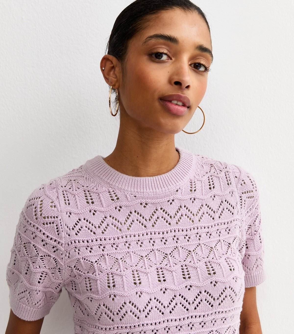 New Look Women's Lilac Cotton Rich Patterned Knit Short Sleeve Top New Look - 3