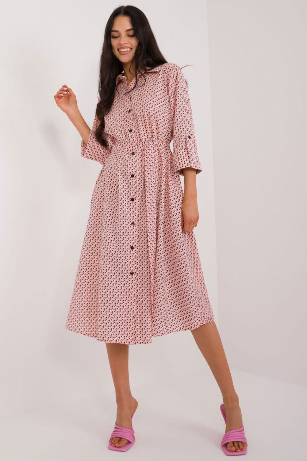 Love Lace Pink Midi Shirt Dress with Tie Belt