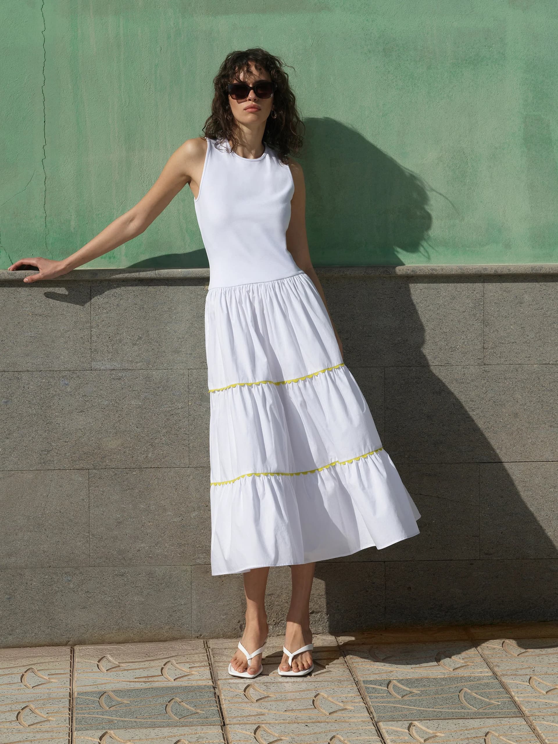 French Connection Kayle Mix Tiered Ric Rac White Midi Dress Linen White/Butter Yellow