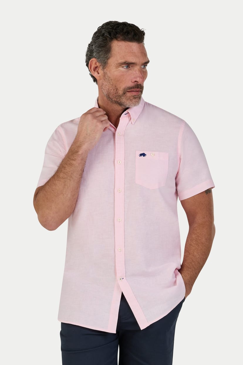 raging bull Raging Bull Men's Short Sleeve Classic Linen Shirt in Pink - 1