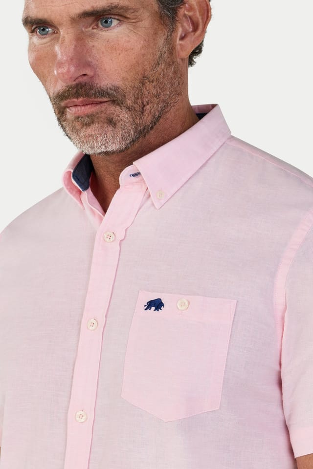 raging bull Raging Bull Men's Short Sleeve Classic Linen Shirt in Pink - 3