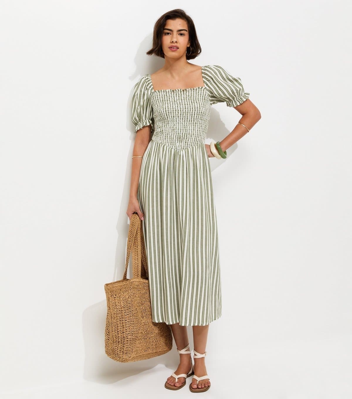 New Look Women's Green Striped Shirred Puff Sleeve Midi Dress New Look