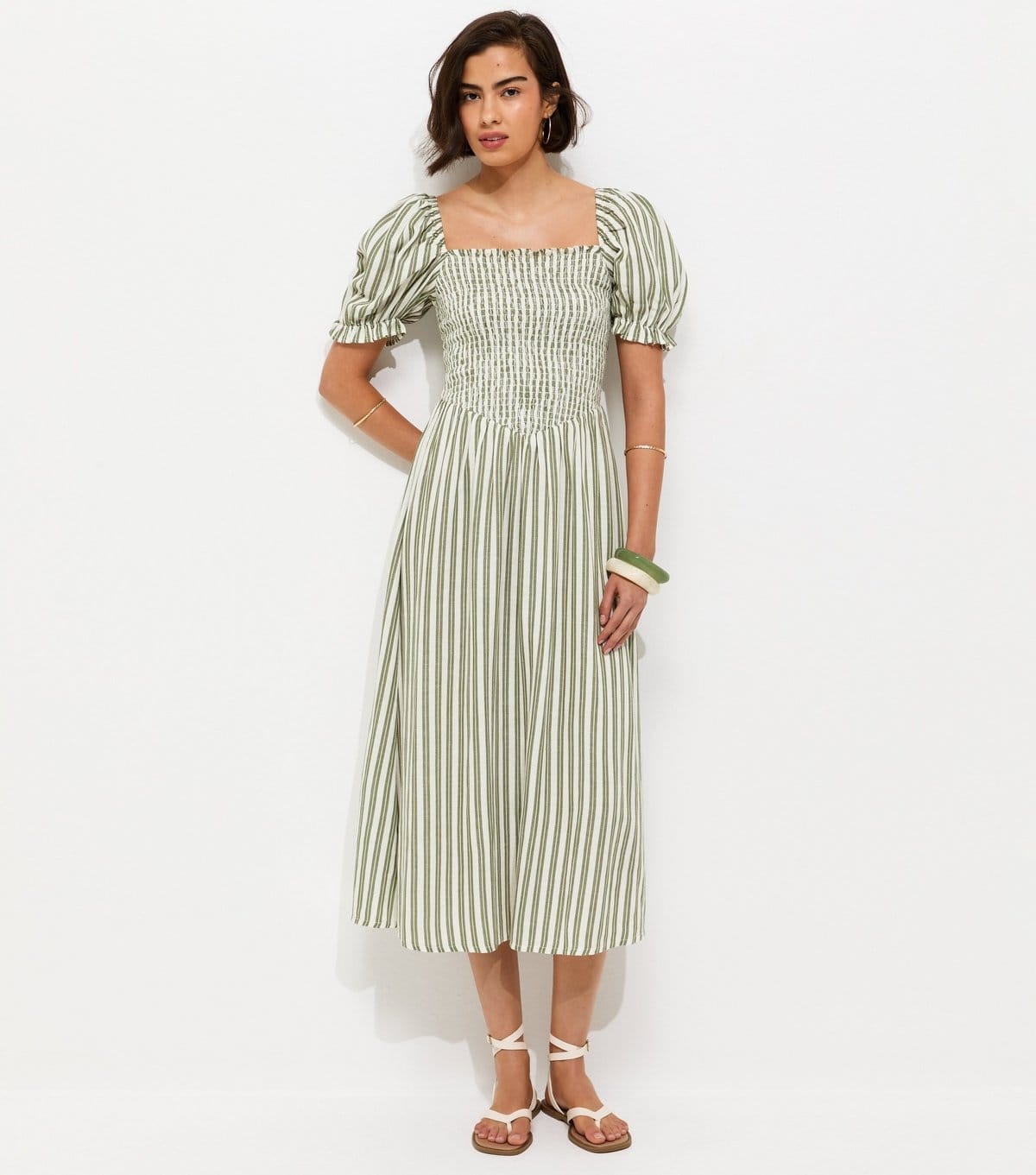 New Look Women's Green Striped Shirred Puff Sleeve Midi Dress New Look - 4