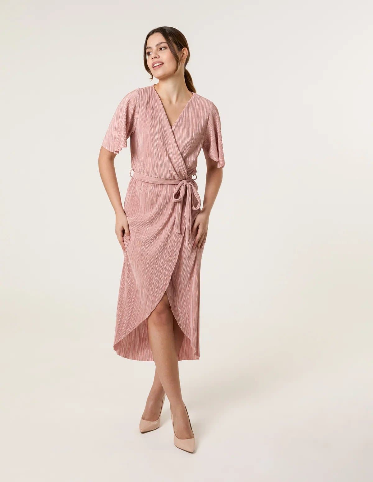 Blue Vanilla Plisse Wrap Over Midi Dress