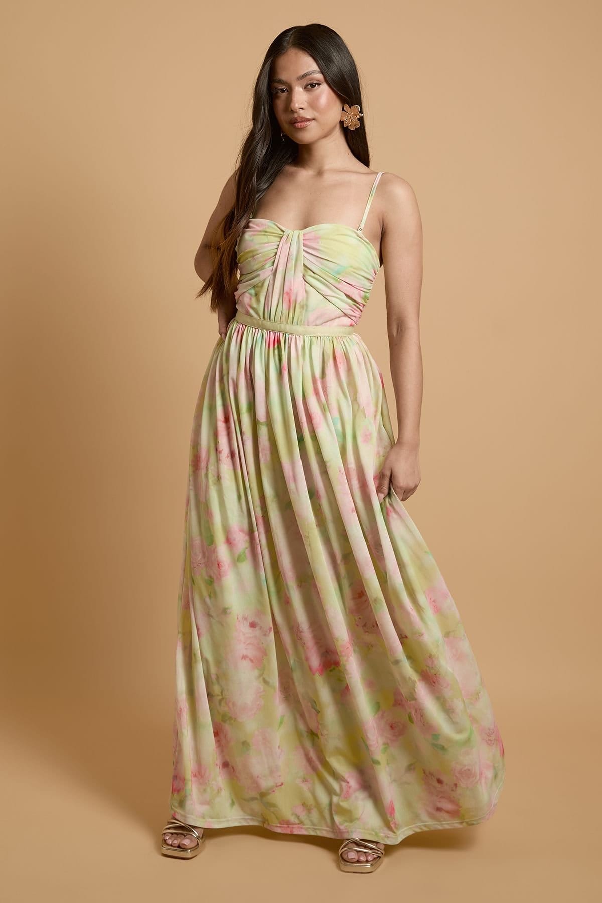 Oasis Women's Petite Wildflower Mesh Bandeau Maxi Dress in Lime