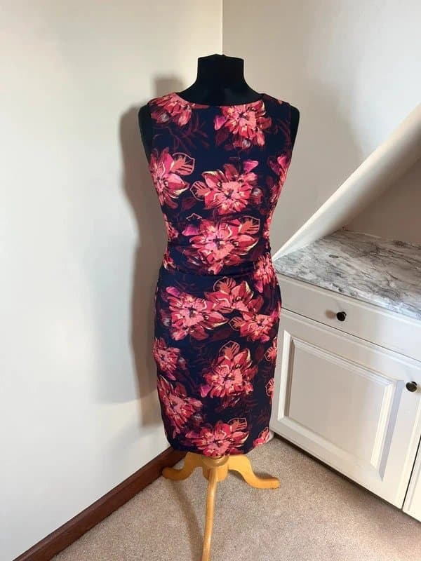 Hobbs Hobbs Navy Red Sleeveless Floral Summer Midi Dress Zip Back Special Occasion Size 8