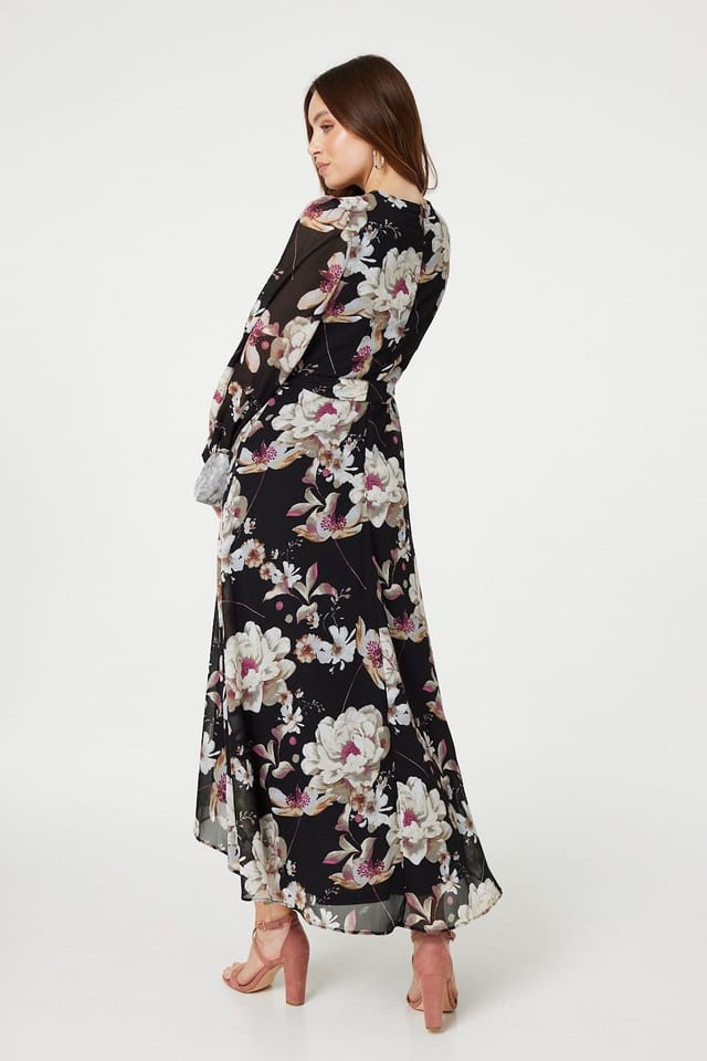 Izabel London Izabel London Women's Floral Long Sleeve Tie Waist Wrap Midi Dress in Black - 3