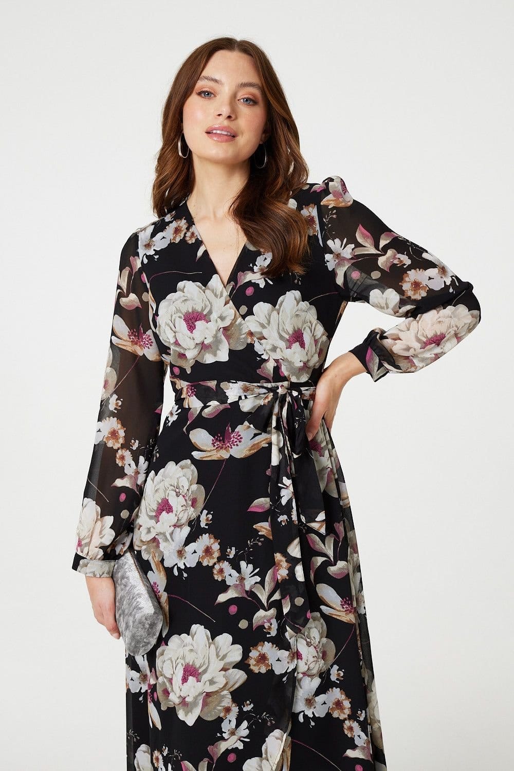 Izabel London Izabel London Women's Floral Long Sleeve Tie Waist Wrap Midi Dress in Black - 4