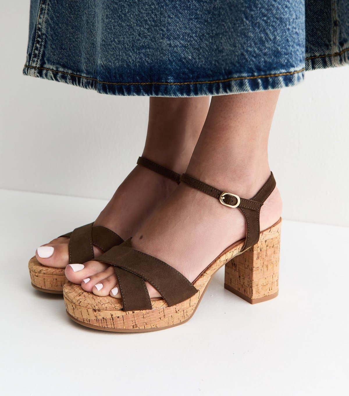 New Look Women's Brown Faux Suede Cork Platform Sandals Vegan New Look