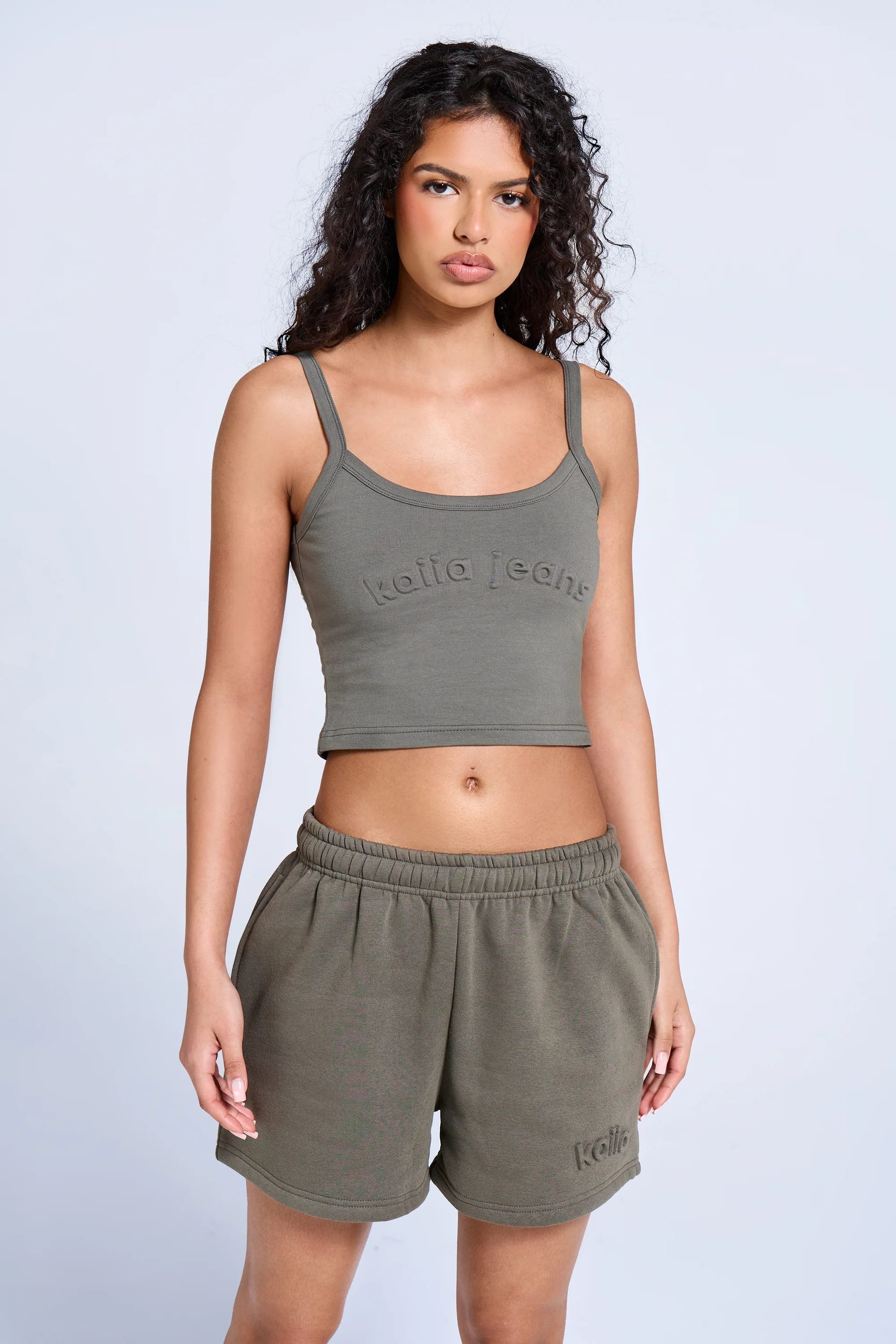 Kaiia Jeans Smoke Olive Embossed Logo Cami Top
