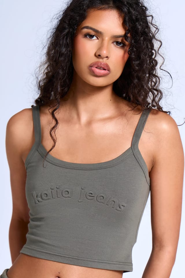 Kaiia Kaiia Jeans Embossed Logo Cami Top Smoke Olive - 2