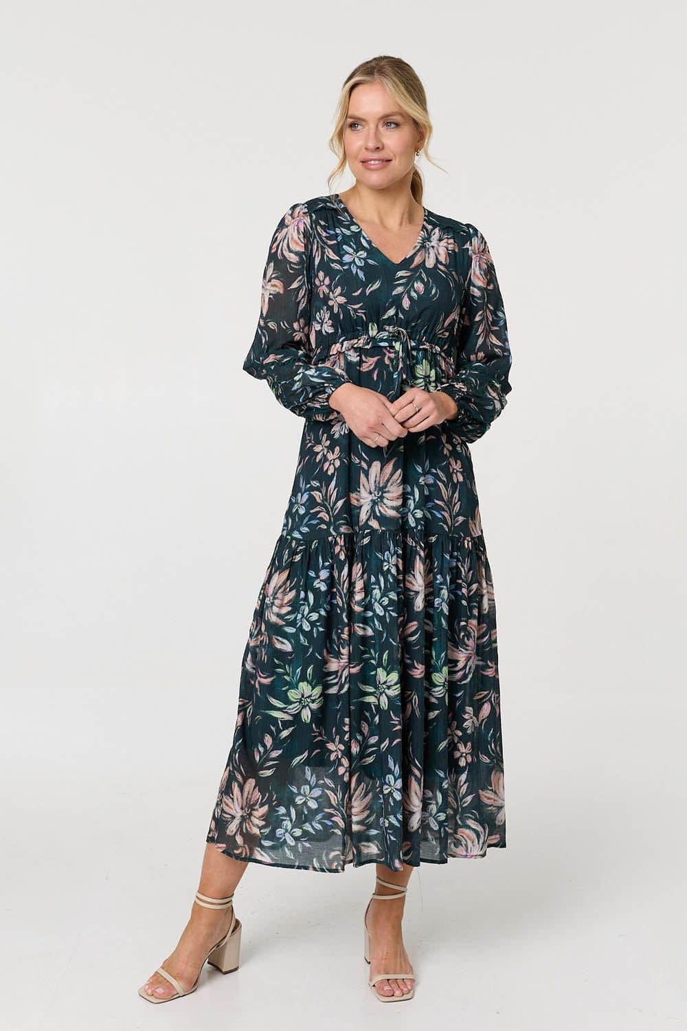Izabel London Izabel London Women's Floral Long Sleeve Relaxed Maxi Dress in Green