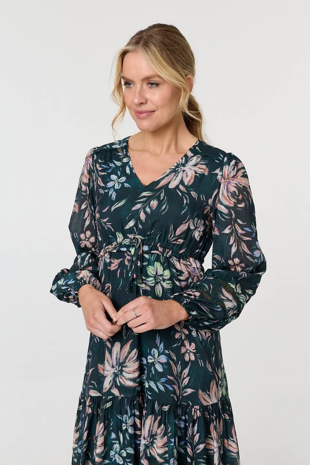 Izabel London Izabel London Women's Floral Long Sleeve Relaxed Maxi Dress in Green - 2