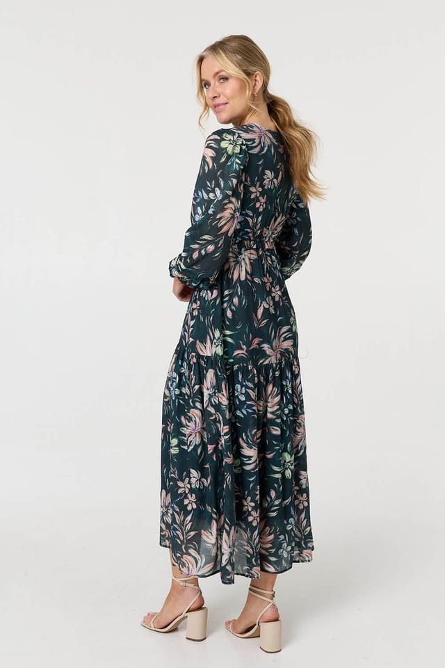 Izabel London Izabel London Women's Floral Long Sleeve Relaxed Maxi Dress in Green - 3