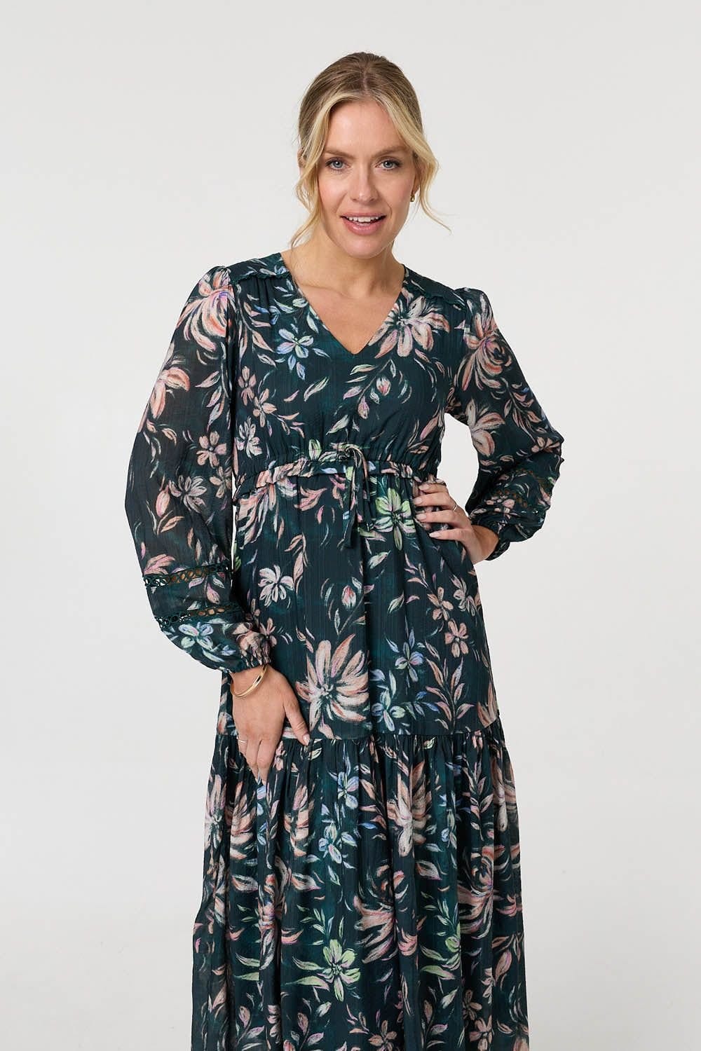 Izabel London Izabel London Women's Floral Long Sleeve Relaxed Maxi Dress in Green - 4